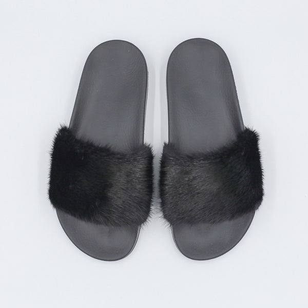 GIVENCHY Black Mink Fur Pool Sandals