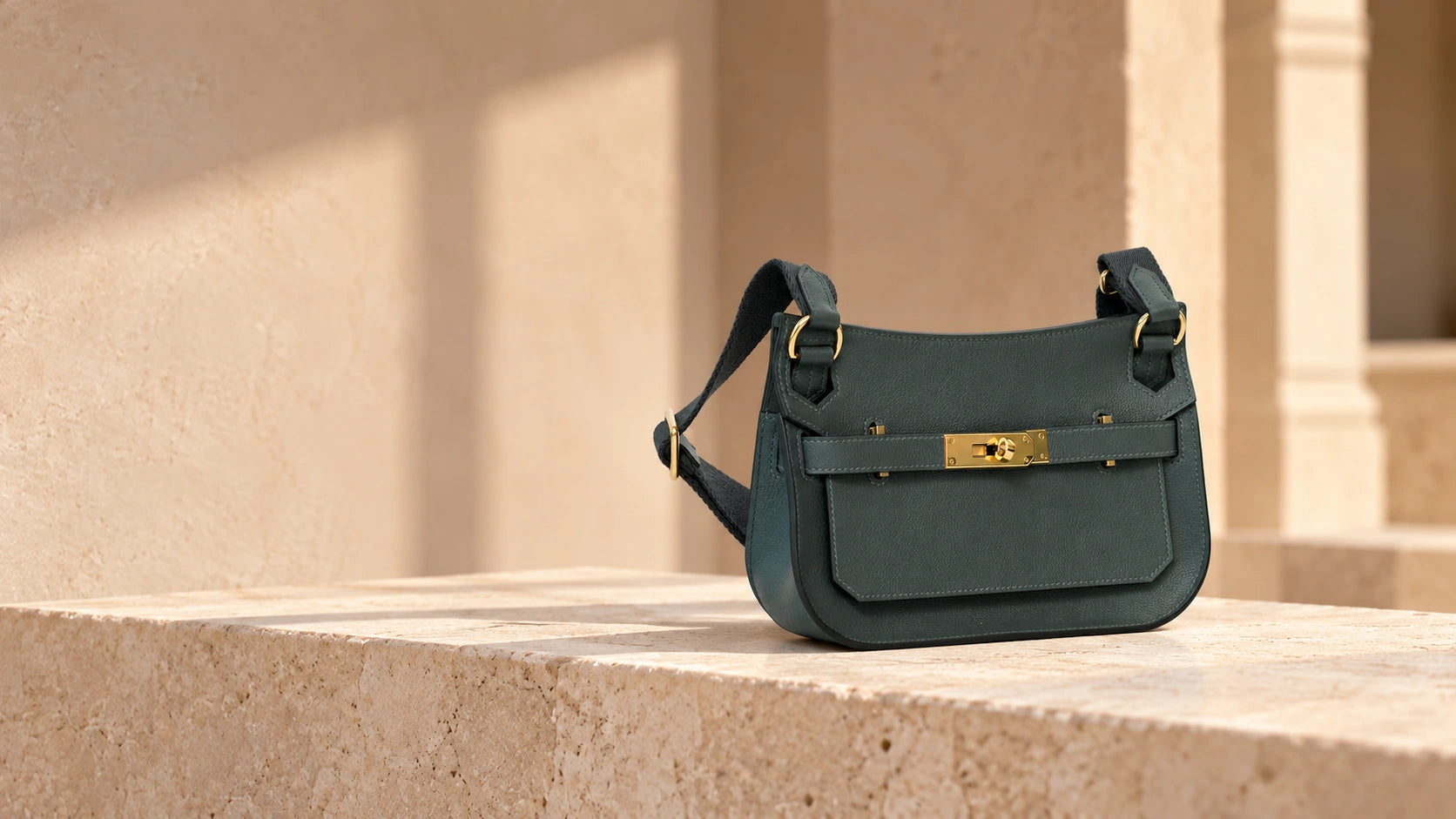 Dark green Hermès Mini Jypsière bag with gold hardware and its original shoulder strap on a warm beige stone ledge, without a model