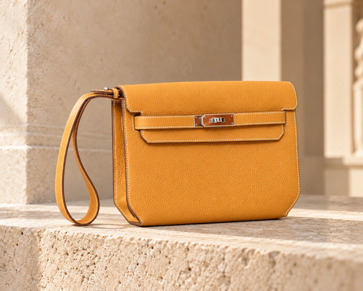 Orange Hermès Kelly Dépêches 25 pouch with silver hardware and wrist loop on a warm beige travertine ledge, without a model